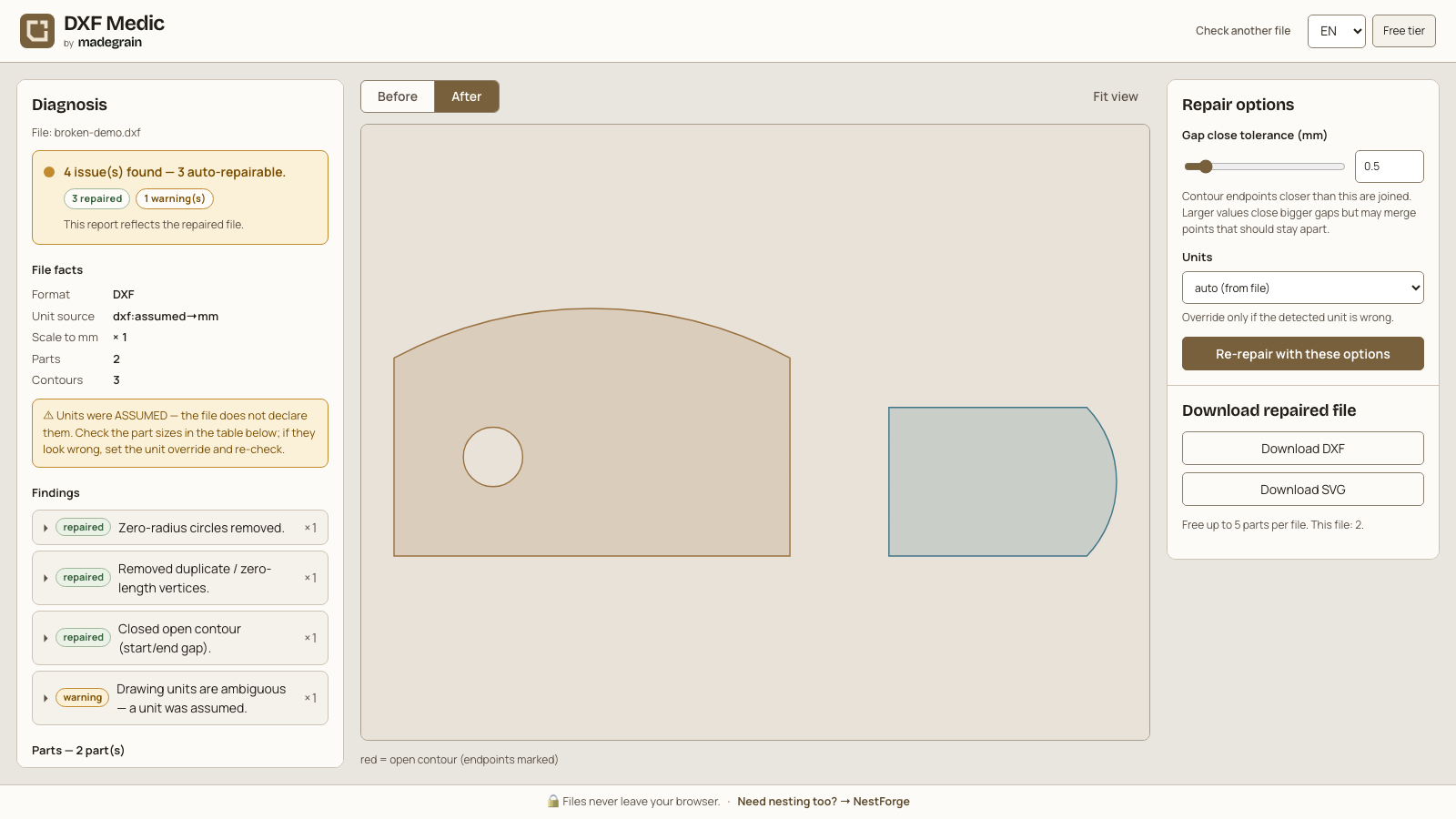 Dateiprüfung und Geometrievorschau in der DXF-Medic-App.