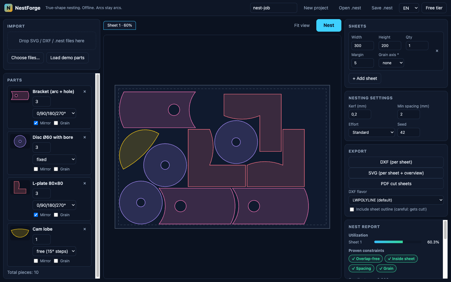 A sample sheet layout in the NestForge app.