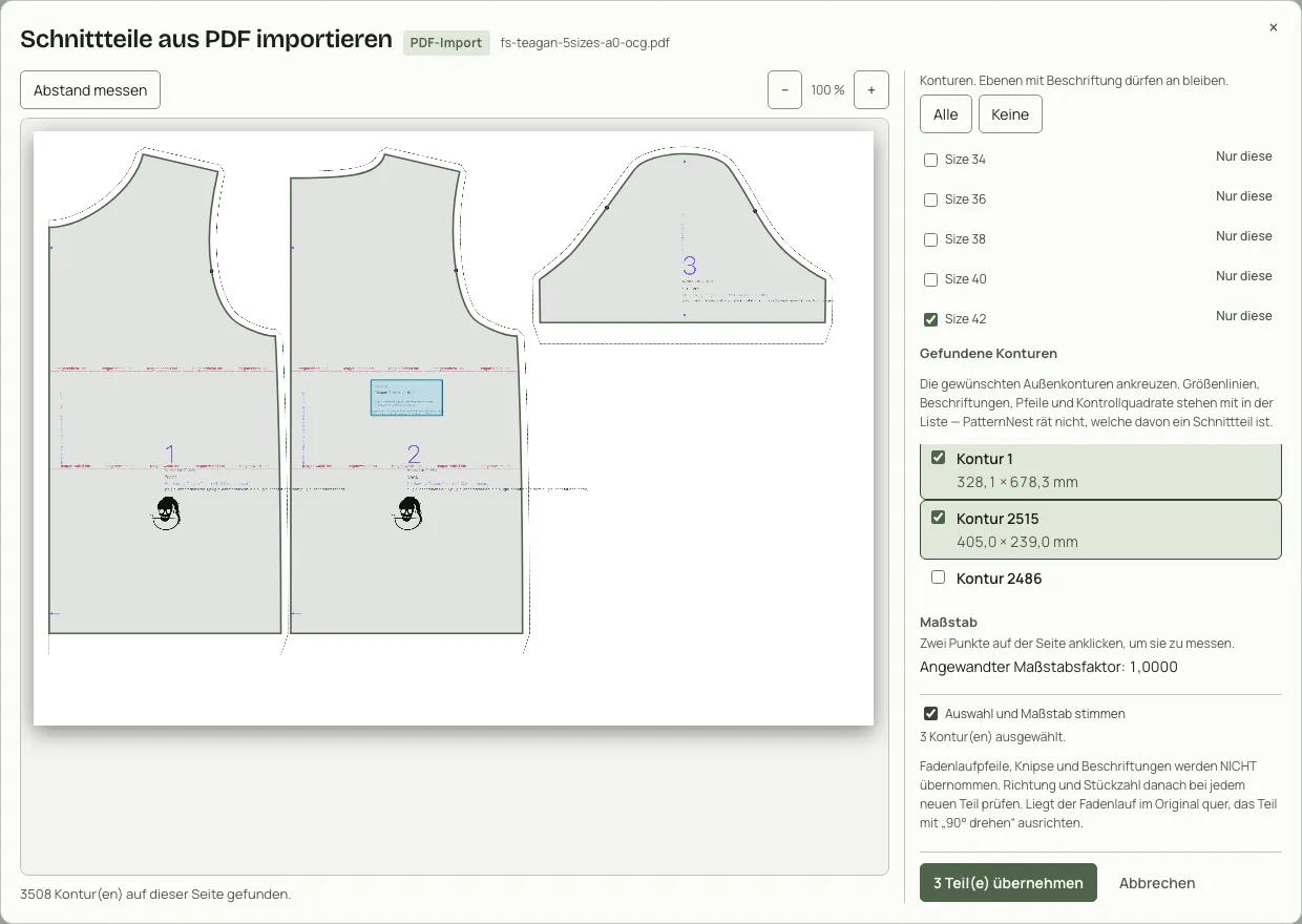 Importdialog in PatternNest: fünf Größen als Ebenen, nur Size 42 eingeschaltet, drei Konturen angehakt