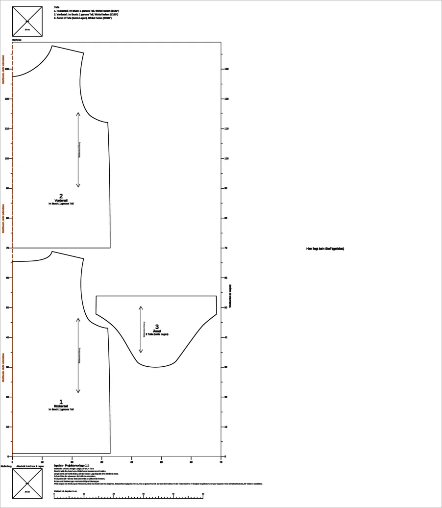 Projektor-PDF des Beispiels als Übersicht: drei Teile auf 140 cm Breite, Stoffbruch links, rechts der Hinweis Hier liegt kein Stoff
