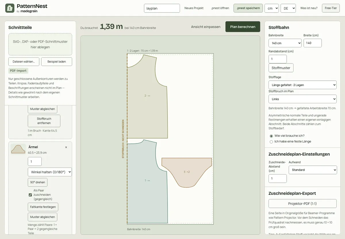 PatternNest mit berechnetem Plan: Vorderteil und Rückenteil im Stoffbruch, Ärmel als Paar, 1,39 m bei 140 cm Breite