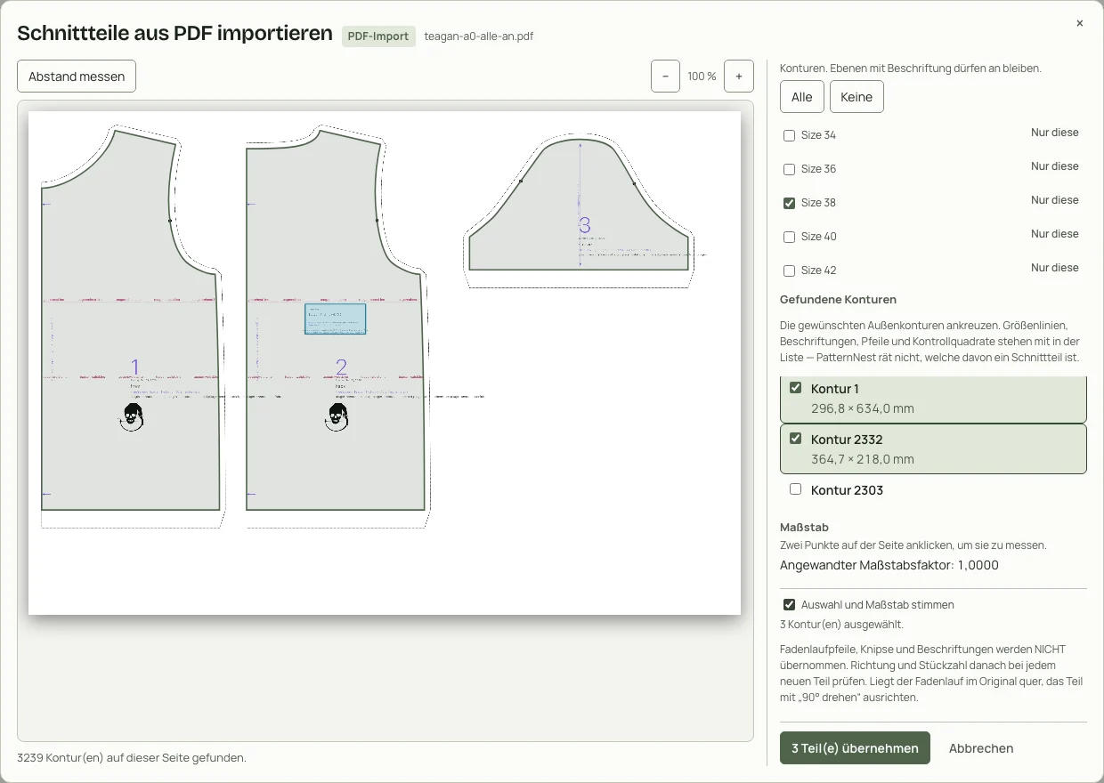 PatternNest-Importdialog: nur die Ebene Size 38 eingeschaltet, Vorderteil, Rückenteil und Ärmel angehakt.