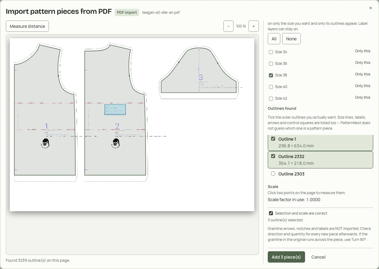 PatternNest import dialog: only the Size 38 layer switched on, front, back and sleeve ticked.