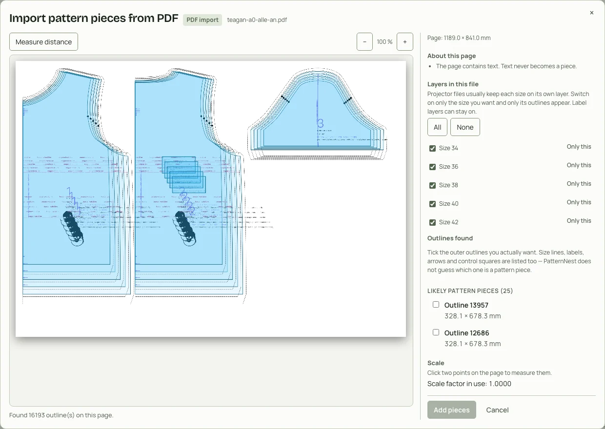 PatternNest import dialog with the Teagan file: all five size layers switched on, 25 possible pattern pieces.