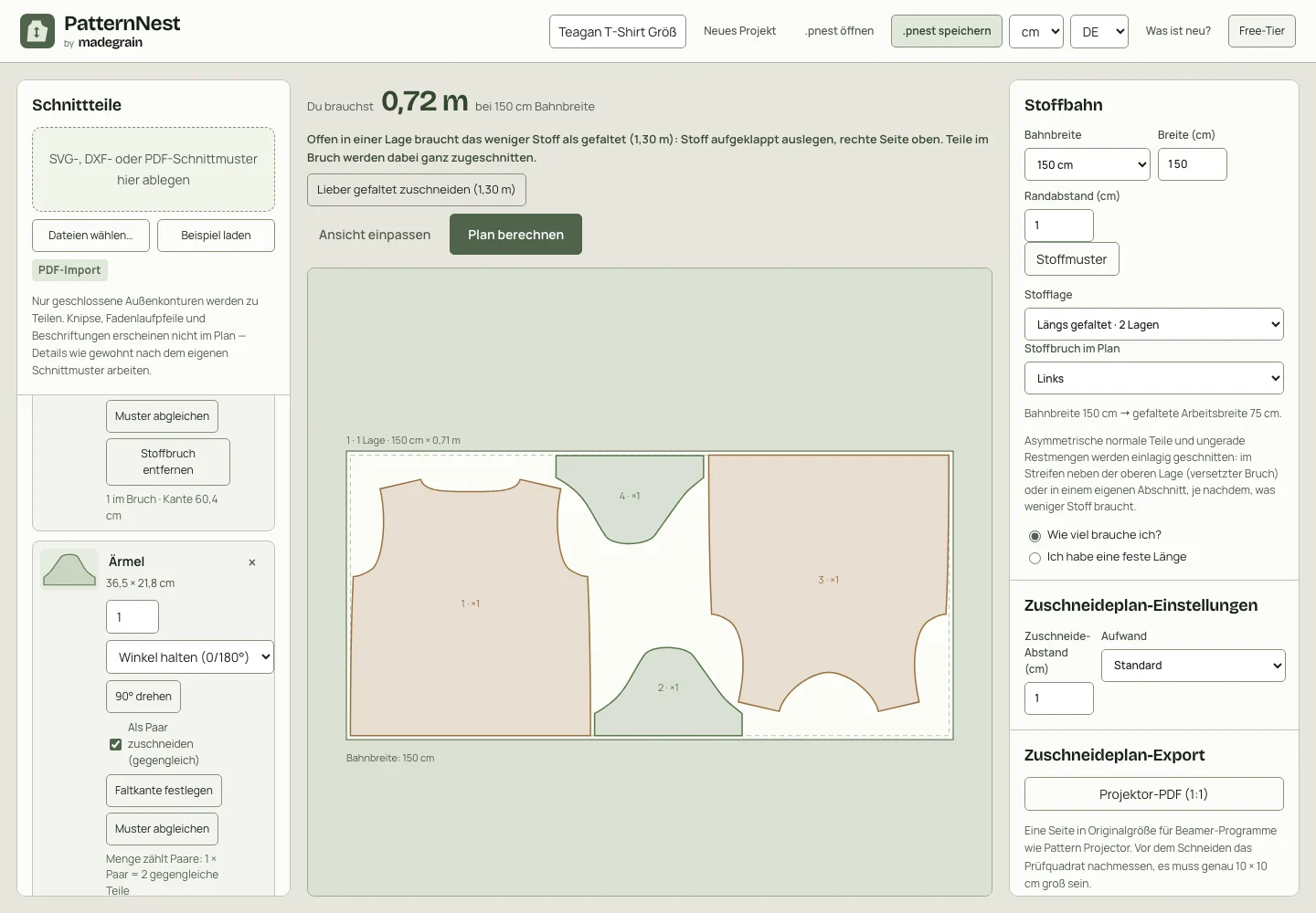 PatternNest mit dem Plan für Teagan Größe 38 auf 150 cm: Du brauchst 0,72 m, darunter der Knopf Lieber gefaltet zuschneiden (1,30 m).