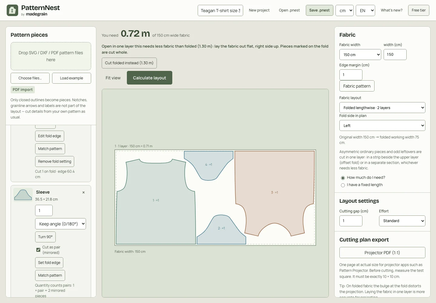 PatternNest with the layout for Teagan size 38 on 150 cm: you need 0.72 m, below it the button Cut folded instead (1.30 m).