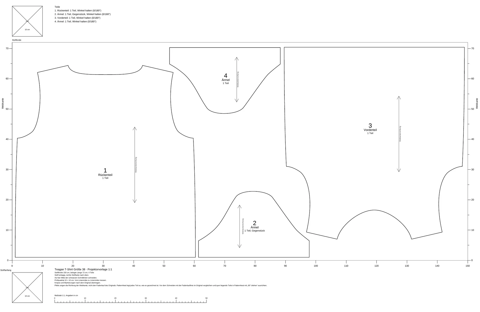 Projektor-PDF aus PatternNest: Rückenteil, Vorderteil und zwei Ärmel der Größe 38 auf 150 cm Breite mit Lineal und Prüfquadraten.