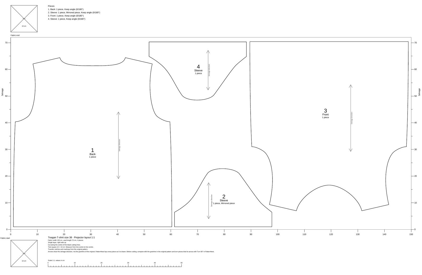 Projector PDF from PatternNest: back, front and two sleeves in size 38 on 150 cm width, with ruler and test squares.
